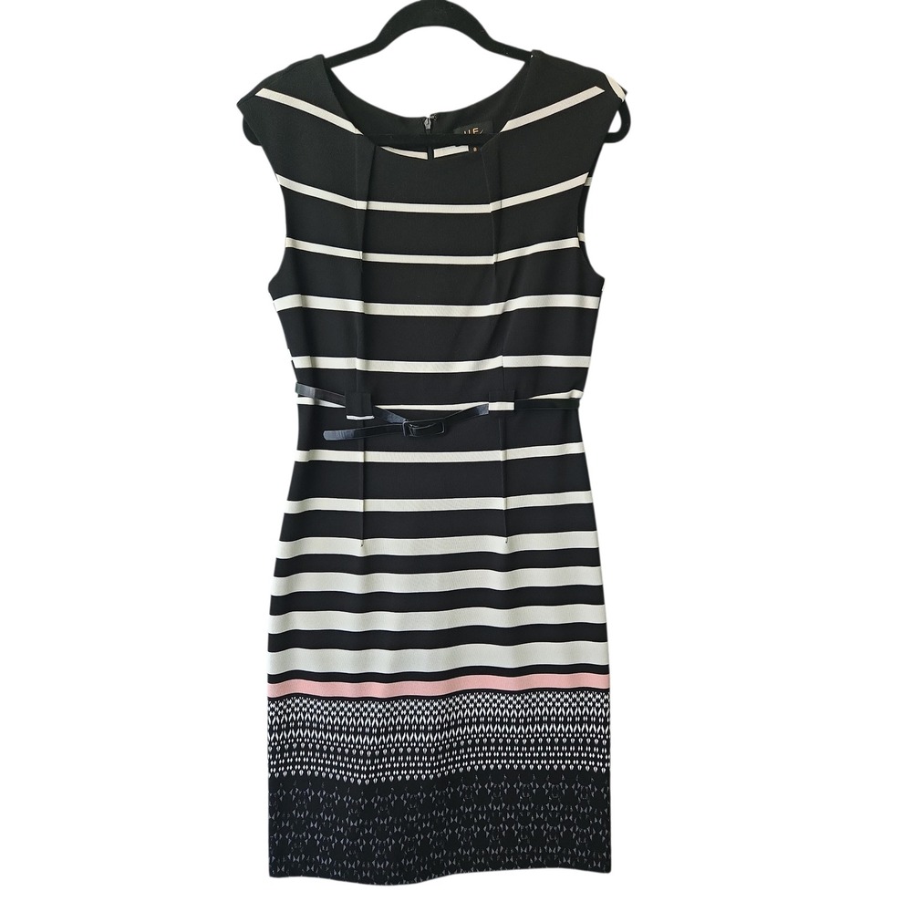 I LE New York Black White Striped Cap‎ Sleeve Sheath Dress Size 8